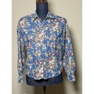 Vintage Inspired 90s Style Floral Denim Shirt Cottagecore Prairie Top Size Large
